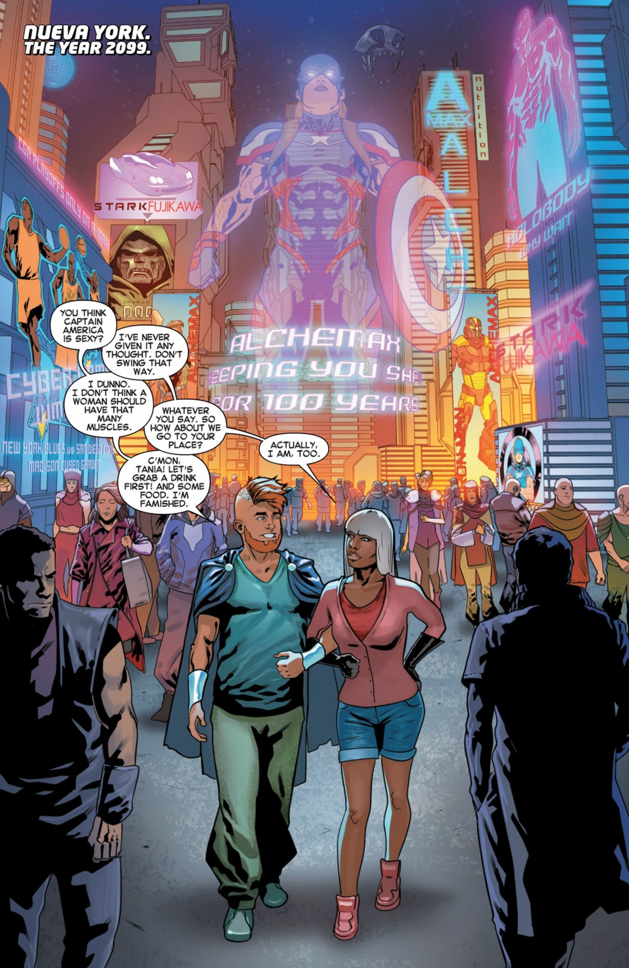 An example of Downtown New York's Time Square in 2099 and what people look like.
