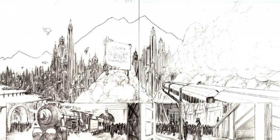 Mechanika City Double Page Sketch By Benitez